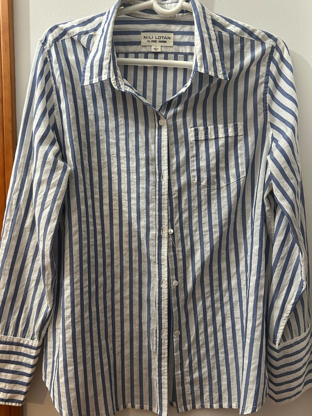 Nili Lotan Yorke Light Blue and White Striped Button Up Shirt Large